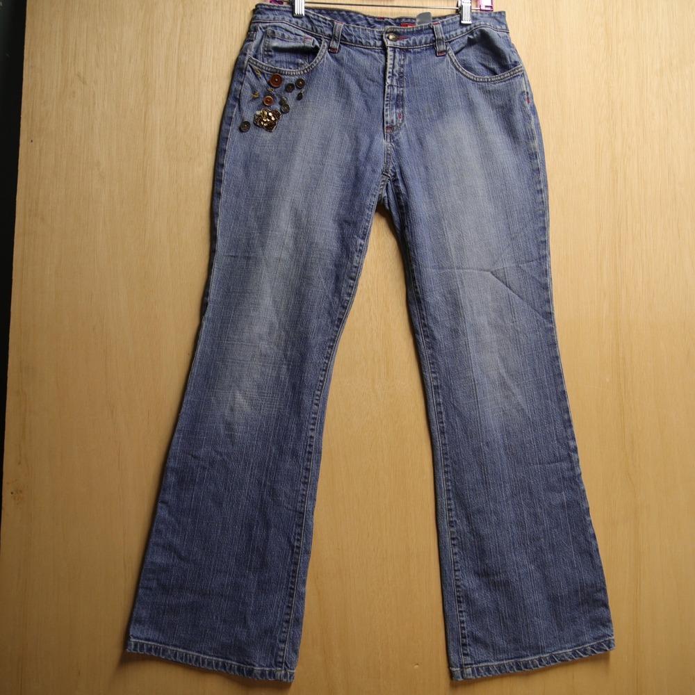Y2K Embellished Flare Leg Jeans Medium Wash Button Sequin Detail Denim Pants
